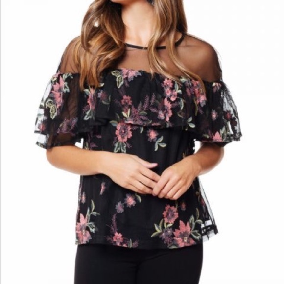 BB Dakota Tops - BB Dakota Rayna Floral Embroidery Sheer Top M